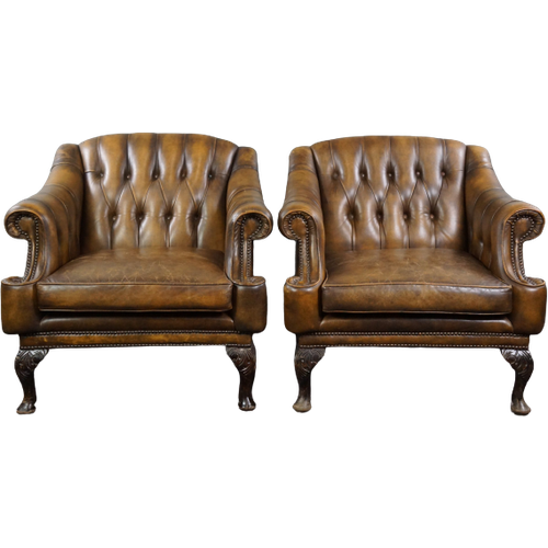 Waanzinnige Unieke Set Van Twee Rundleren Chesterfield Fauteuils/ Arm Chairs