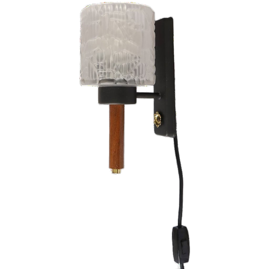 Vintage Wandlamp Hout/zwart/messing Met Bewerkt Glazen Kap, Jaren '70 1