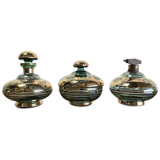 Set Van 3 Vintage Glazen Potjes / Parfumset / Toiletset 1