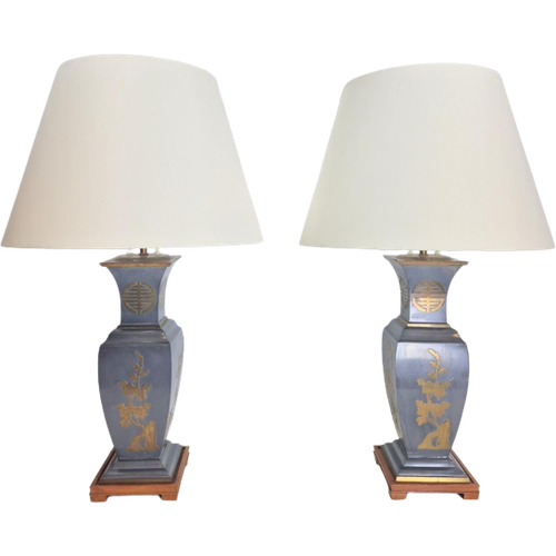 Set 2 Vintage Tafellamp Tin Messing ’60 Mid Century Azië