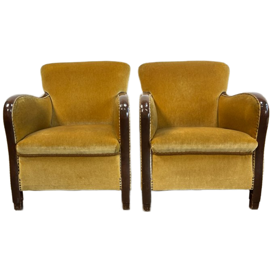 Tweetal Fauteuils, Art Deco Stijl, Geel Velvet Bekleding, 1950's 1