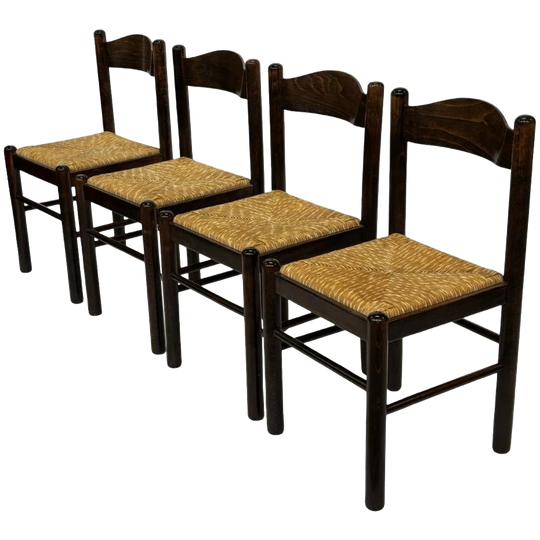 Set Van 4 Donkerbruine Houten Stoelen Jaren 70 Minimalist 1