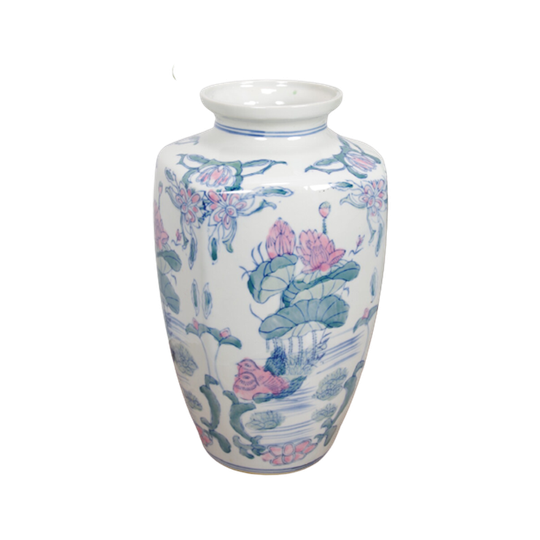 Vintage Hoge Porseleinen Vaas Met Roze Bloemen 1