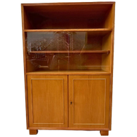 Vintage Hoge Kast - Licht Hout - Met Vitrine En Deurtjes