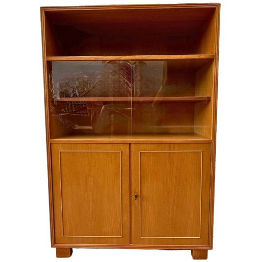 Vintage Hoge Kast - Licht Hout - Met Vitrine En Deurtjes 1