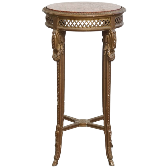 Antieke Franse Ronde Brocante Bijzettafel Met Een Goudkleurig Houten Frame 1