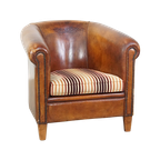 Karaktervolle, Vintage Cognac-Kleurige Clubfauteuil Gemaakt Van Schapenleer thumbnail 1