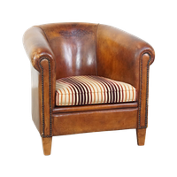 Karaktervolle, Vintage Cognac-Kleurige Clubfauteuil Gemaakt Van Schapenleer