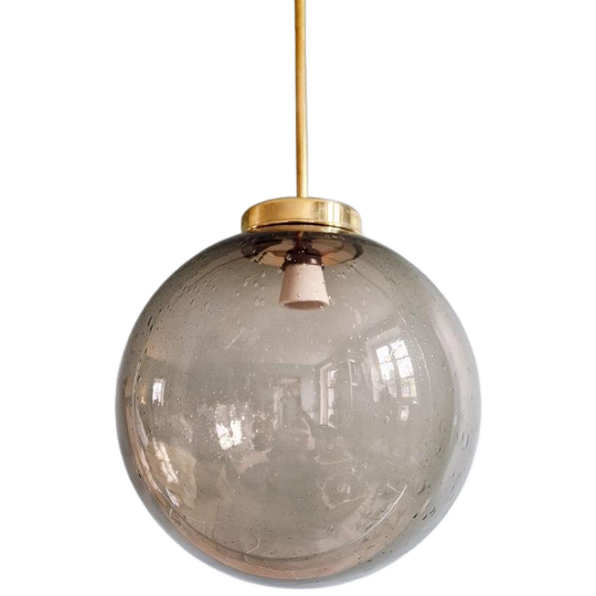 Grande Suspension En Laiton Et Verre Fumé Bullé, 1970 1