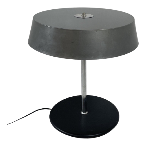 Midcentury Modern - Table Lamp - Black Base That Support A Gray Shade On A Chrome Upright