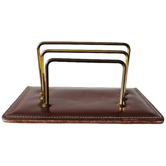 Vintage Leren Brievenhouder Bruin Leder Messing 1