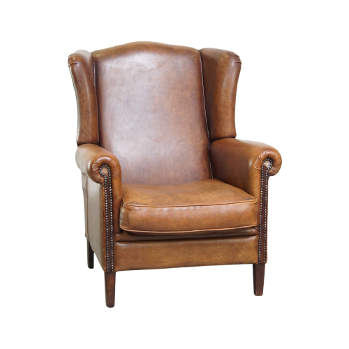 Mooie, Zeer Comfortabele, Cognac Kleurige, Schapenleren Oorfauteuil