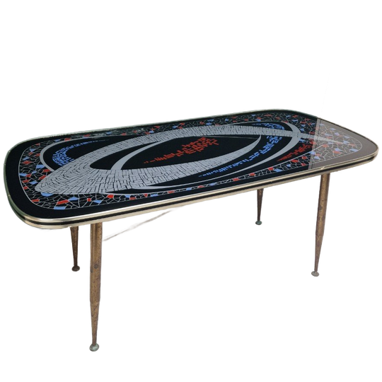 Vintage Houten Tafel Met Mozaïek Print . Aluminium Poten 1