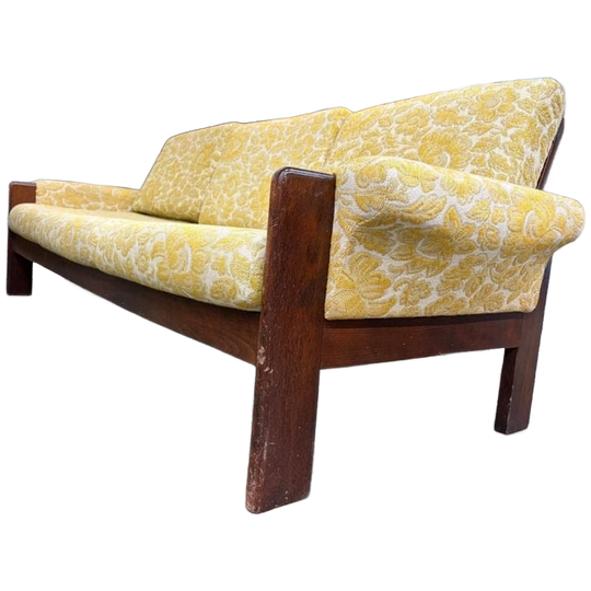 Vintage Houten Zetel / Canapé / Fauteuil Met Geel Accent 1