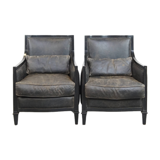 Set Van 2 Unieke En Karaktervolle, Strakke Zwarte Rundleren En Houten Armchairs 1