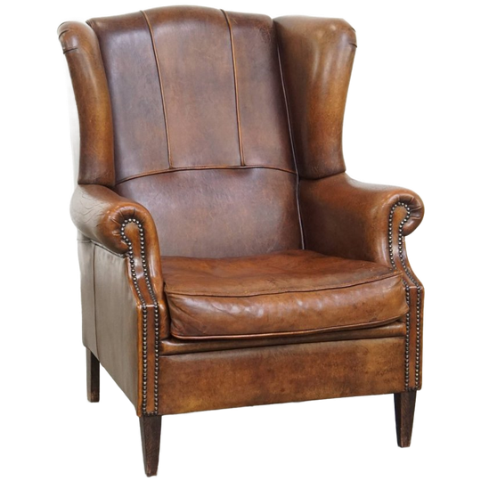 Grote, Comfortabele En Correct Afgewerkte Schapenleren Oorfauteuil In Een Goede Staat 1