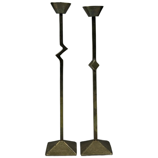 Vintage Zig Zag Kandelaars, Set Van Twee, Messing, Mepmhis Stijl, 1980's 1