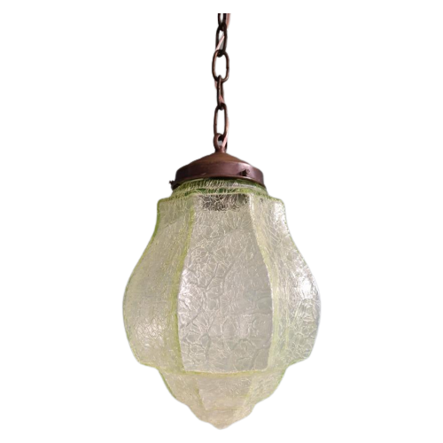 Art Deco Hanglamp In Lichtgroen Gebarsten Glas, 1920-30