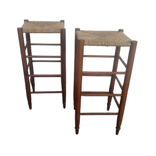 2x Houten Barkrukken Met Biezen Zitting 1