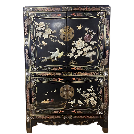 Vintage Chinese Lakkast Vogels Bloemen (speksteen) Bohemian Kast / Oosterse Kast / Aziatische Kast 1