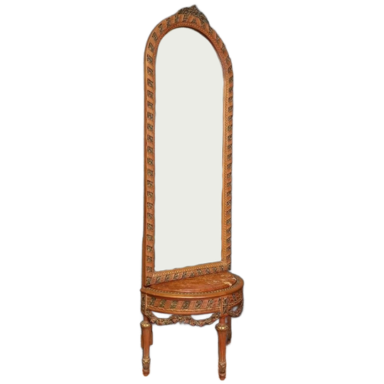 Vintage Console Tafel Met Marmeren Blad En Hoge Halspiegel 1
