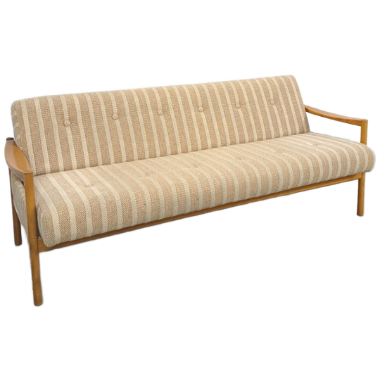 Slaapbank Beige Gestreept Met Houten Frame Vintage 1