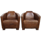 Set Van 2 Unieke En Comfortabele Bruine Rundleren Aviator Design Fauteuils/ Armchairs thumbnail 1