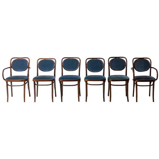 Prachtige Set Thonet Stoelen In Gebogen Hout En Fluweel Blauwe Afwerking 1