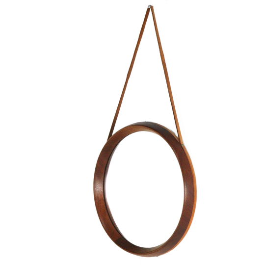 Ronde Vintage Spiegel Teak Met Leer Deens 1