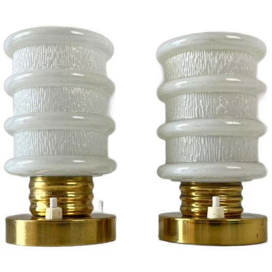 Vintage Tafellampje, Rond Gouden Voet - Witglazen Kapje 2x 1