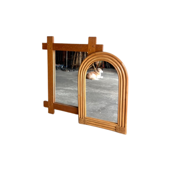 Wooden+arch-shaped Mirror With Tree Bamboo Wicker Frame, 1970s 1