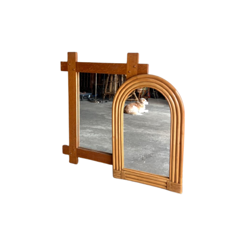 Wooden+Arch-Shaped Mirror With Tree Bamboo Wicker Frame, 1970S