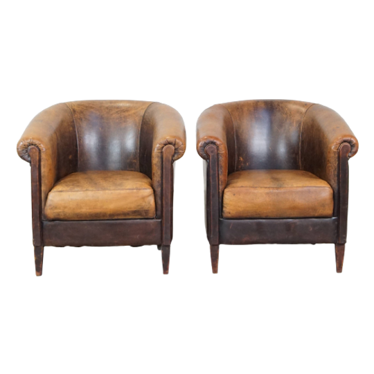 Set Van 2 Bijzondere, Stoere, Karaktervolle Vintage Schapenleren Clubfauteuils Met Een Robuuste U 1