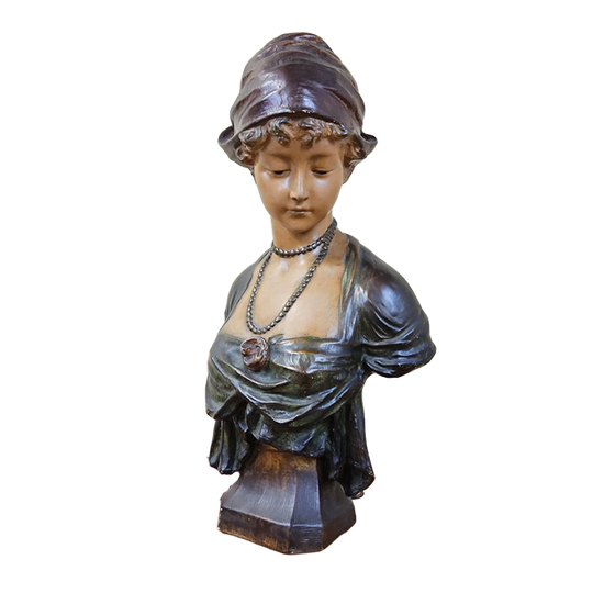 Antiek Gipsen Art Nouveau Buste Vrouw (ca1900) Romantisch Beeld Frans / Belgisch 1