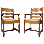 Set Van Twee Hollandse Eikenhouten Armstoelen Met Biezen Zitting thumbnail 1
