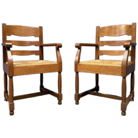 Set Van Twee Hollandse Eikenhouten Armstoelen Met Biezen Zitting