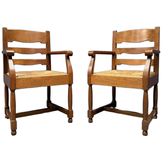 Set Van Twee Hollandse Eikenhouten Armstoelen Met Biezen Zitting 1