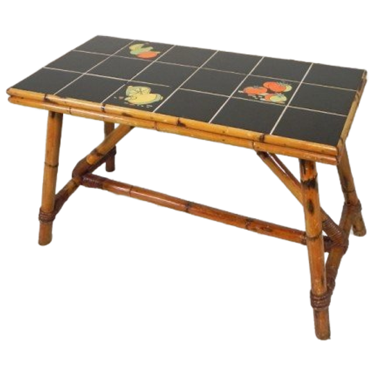 Rotan En Bamboe Salontafel Met Tegels, Tegeltafel, Jaren 50 1
