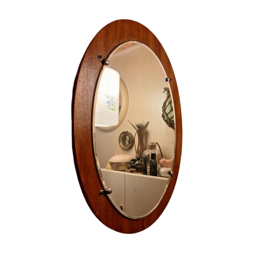Retro Vintage Ovale Facet Spiegel, Teakhouten Ondergrond