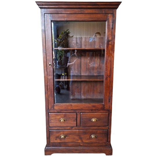 Koloniaal Teakhouten Vitrinekast, Servieskast, Buffetkast, Whiskeybar Afm. 93x44 En 188cm Hoog. 1
