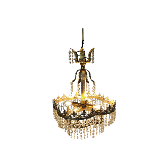 Chandelier - Hollywood Regency - Verguld - Kristal - 3e Kwart 20e Eeuw 1