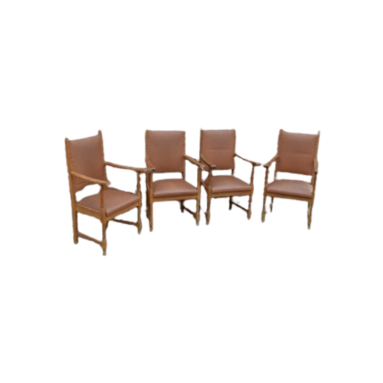 Eiken Armstoelen Met Bruin Leren Bekleding 4 Stuks 1