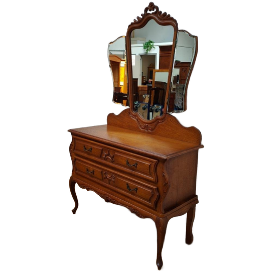 Brocante Vintage Kaptafel Make-up Tafel Met Drieluikspiegel 1