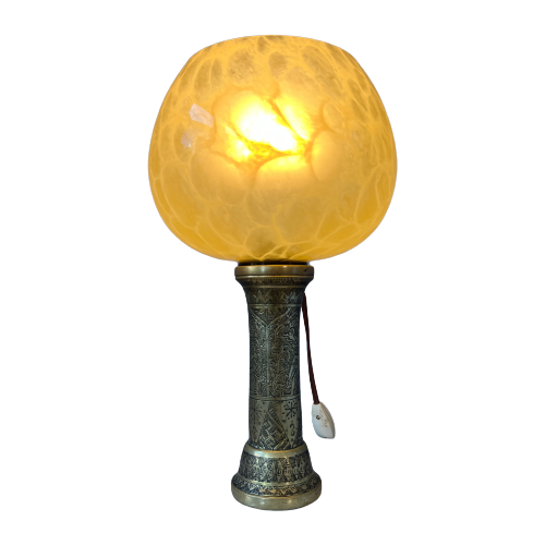 Antieke Art Deco Glazen Lamp Met Bronzen Voet
