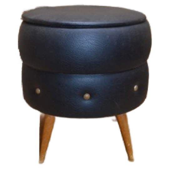 Retro Poef Zwart Skai Met Rode Kunststof Verdeler, Houten Pootjes Jaren ’60 1