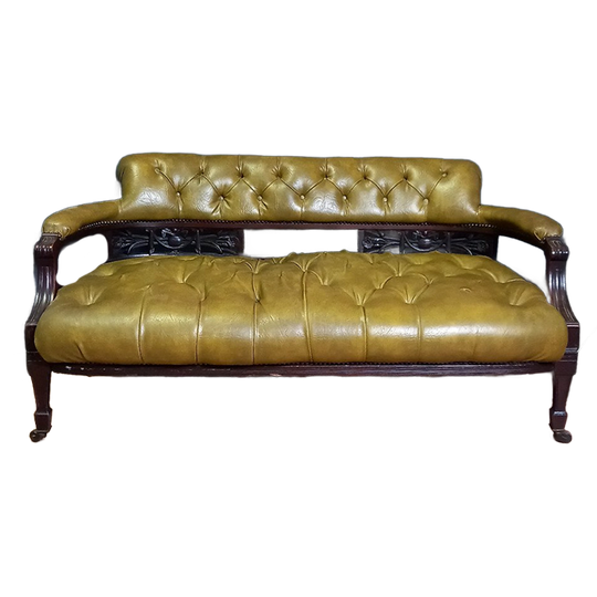 Antiek Leren Victoriaans Chesterfield Leesbankje 1