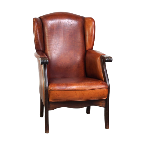 Klassieke Vintage Schapenleren Oorfauteuil Met Mooie Afwerking En Warme Kleuren