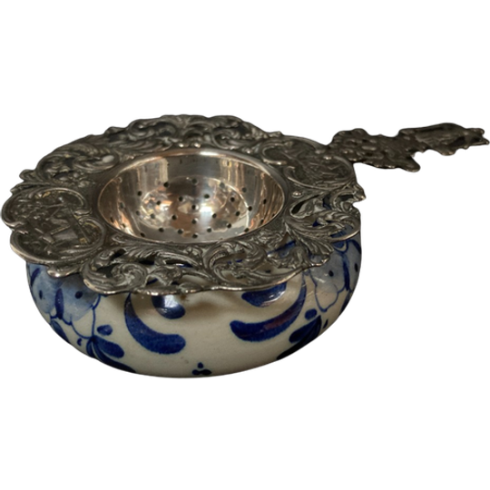 Gekeurd Echt Zilver Theezeefje Met Delfts Blauw Lekbakje 1