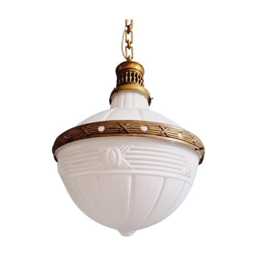 Grote Art Deco-Hanglamp In Witte Opaline En Messing, 1920