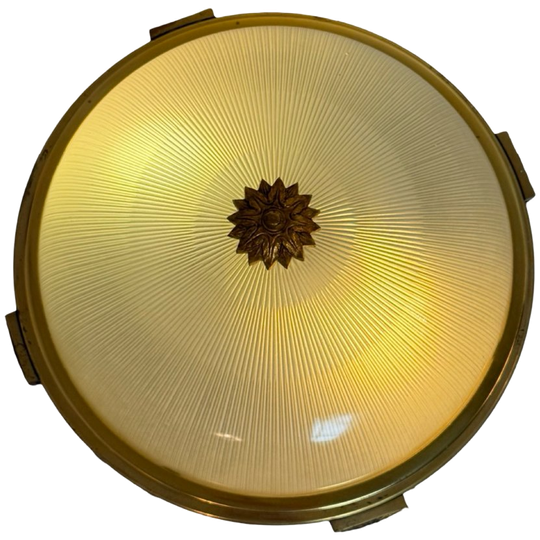 Art Deco - Ceiling Mounted Lamp (xl) With Holophane Glass And Brass (patinated) Base/accents 1